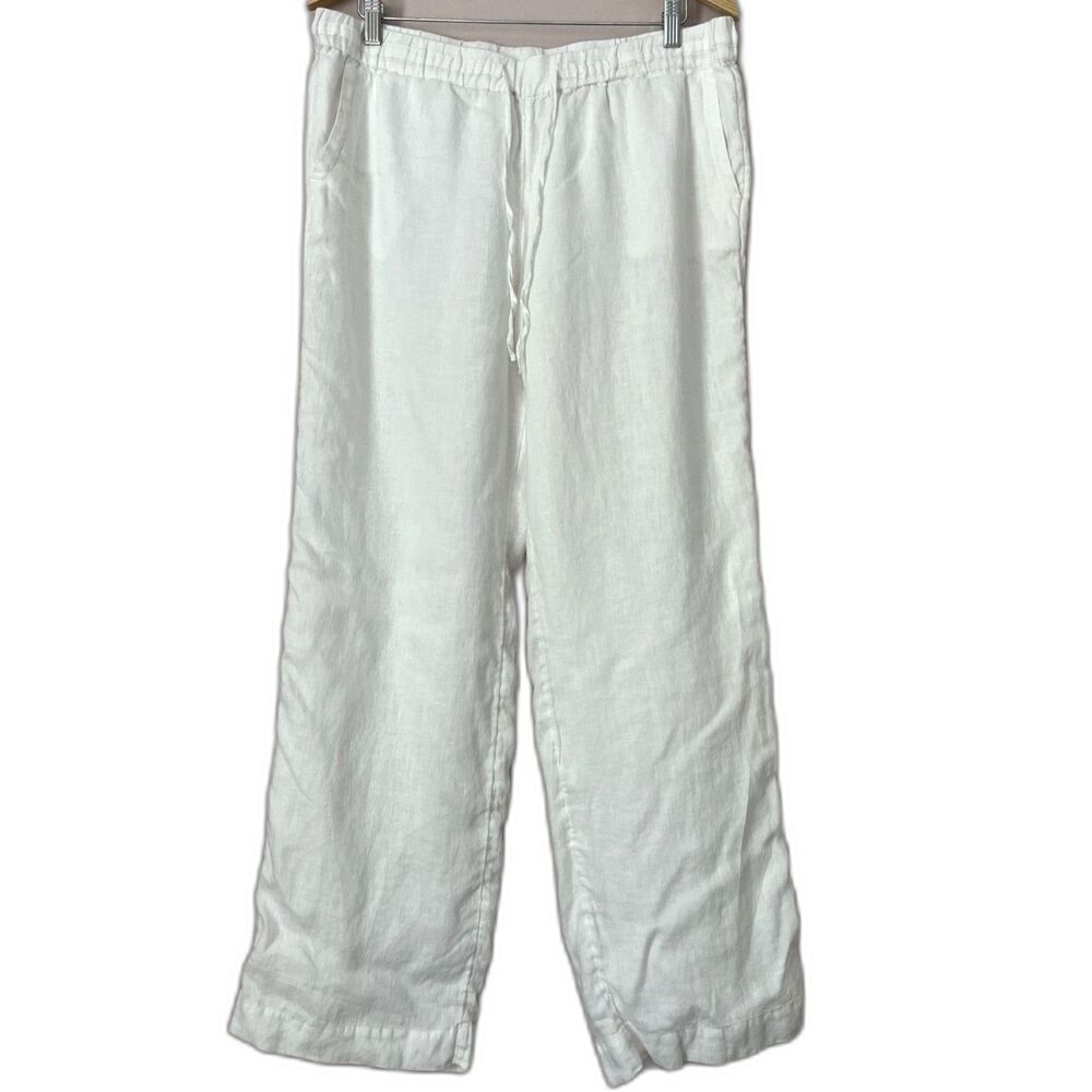 Charter Club 100% Linen Wide Leg Pant Large White Lined Drawstring Coastal Beach